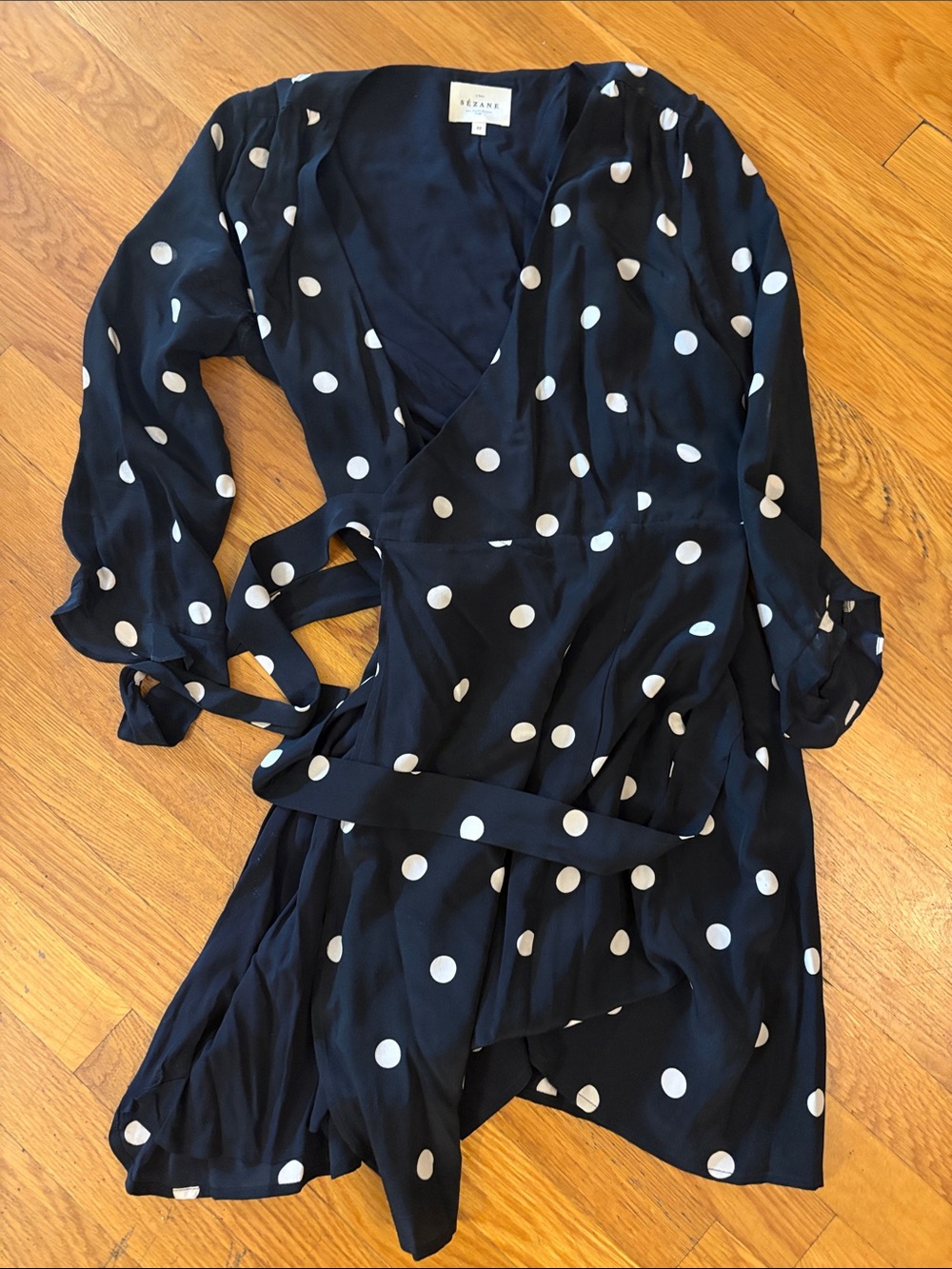 Sezane Navy Polka Dot Wrap Dress